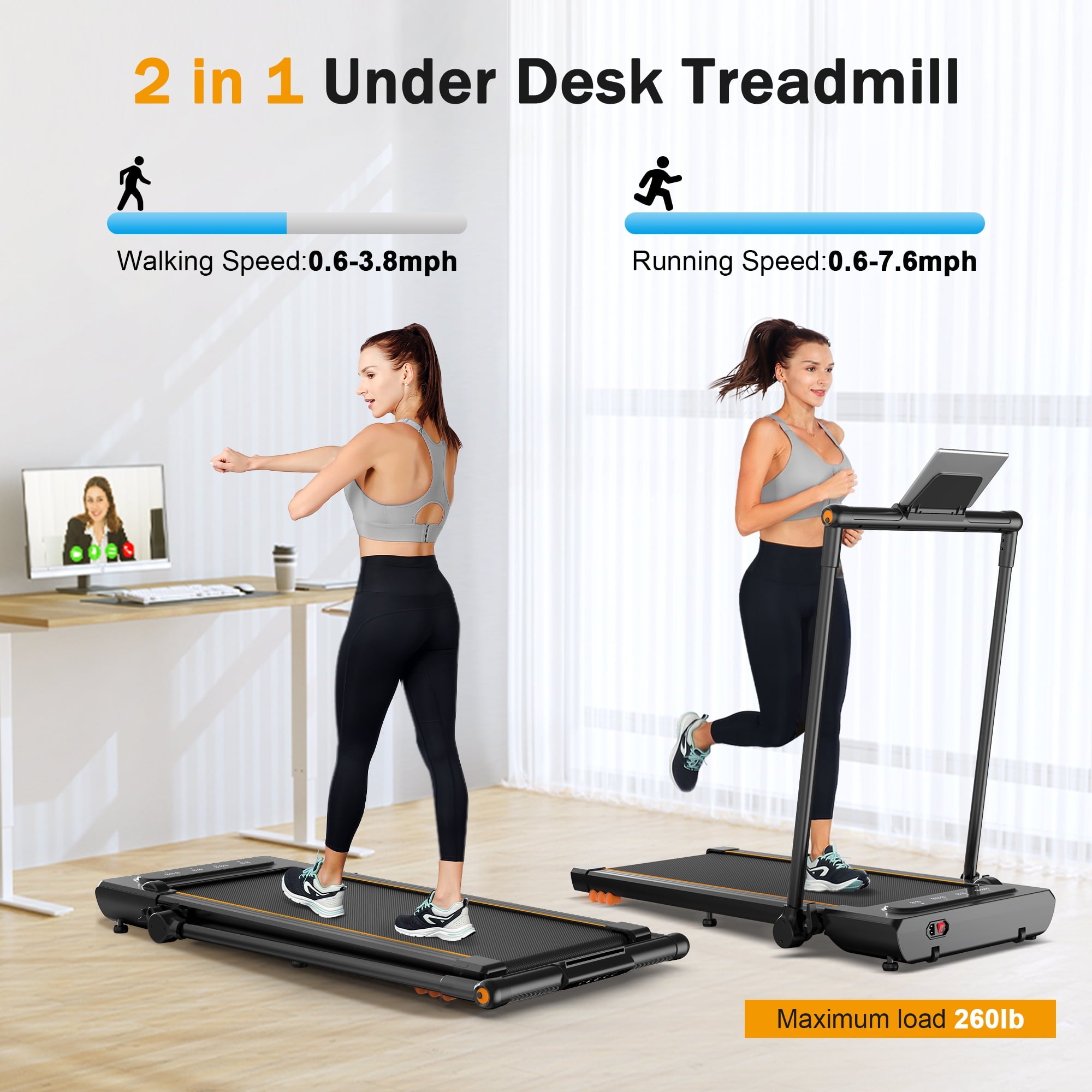 2 in 1 Walking Pad,Under Desk Treadmill for Home/Office, Neche Folding Treadmill 2.5HP with Remote,0.6-7.6mph