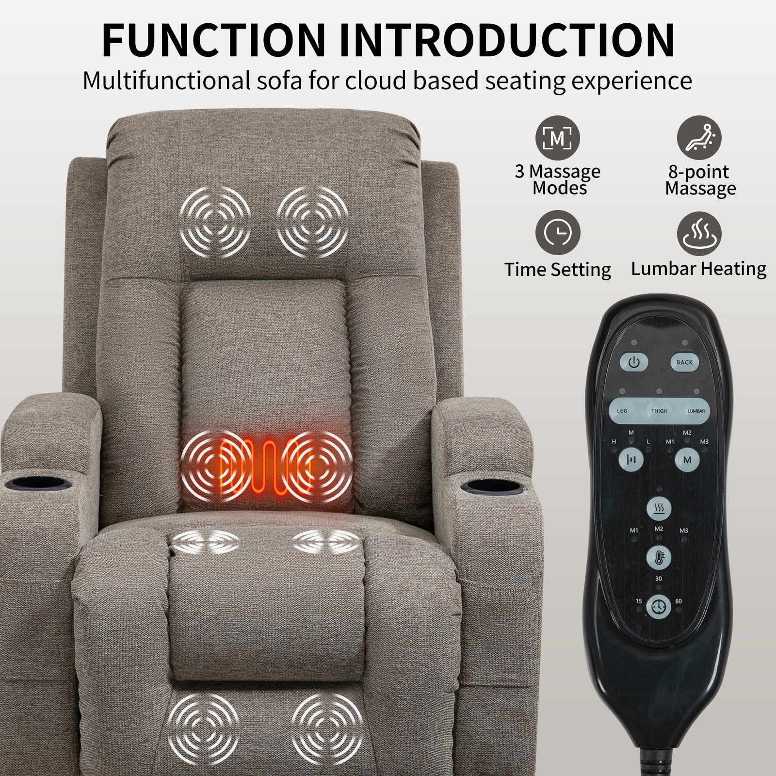 BedLuxury Power Lift Recliner Chair Sofa with Massage and Heat for Elderly,Extra Wide Heavy Duty Recliner with Cup Holders and Side Pockets for Living Room(Brown)