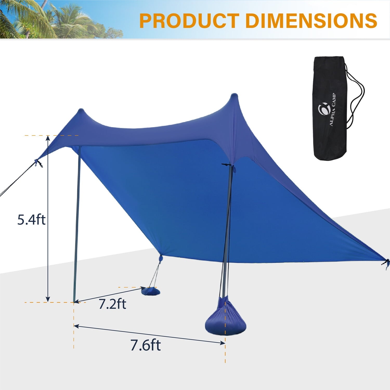 Alpha Camper Sunshade Beach Tent Sun Shelter UPF 50+ Portable Canopy Tent 7.6'x7.2' for 3-4 Person, Blue