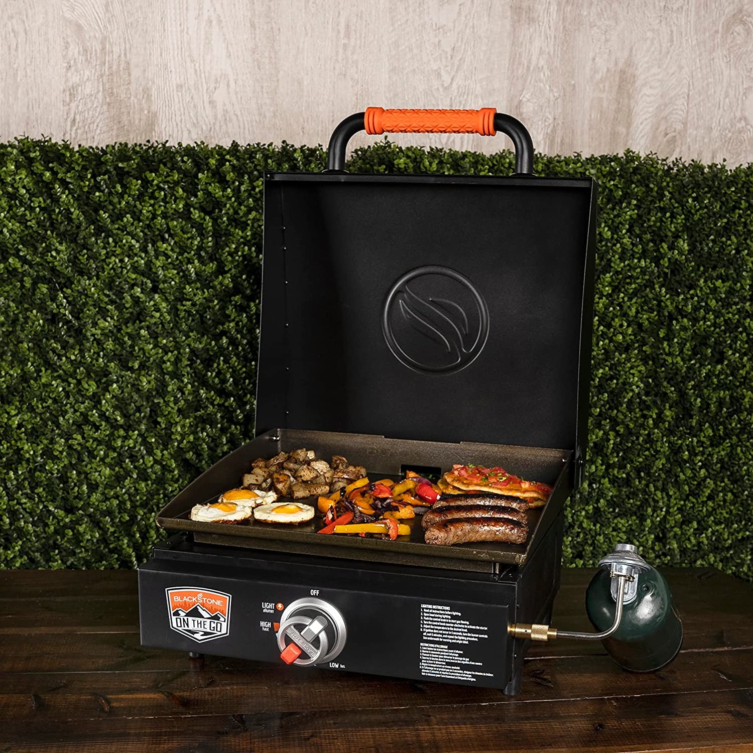 17 inch Blackstone Griddle with Hood, Tabletop Outdoor Flat Top Grill Propane Portable Gas Grill for Camping and BBQ Grill with Blackstone Accessories, Seasoning, and Wholesalehome Gloves and Cloth