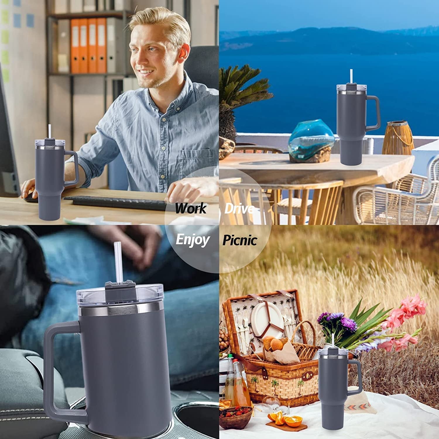 40 oz Tumbler with Handle Stainless Steel Insulated Travel Coffee Mug Double Wall Vacuum Straw for Ice Drinks & Hot