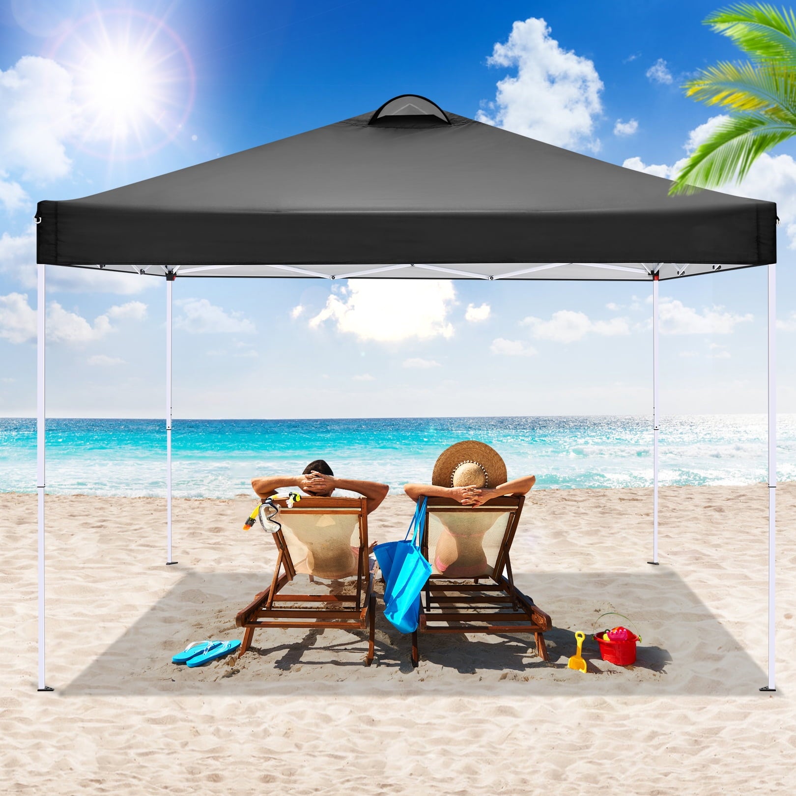 10'x10' EZ Pop Up Canopy with Top Vent, Large Commercial Tent, Waterproof and Sunproof with 4 Removable Sidewalls, Suitable for Weddings come with 4 Sandbags (Black)