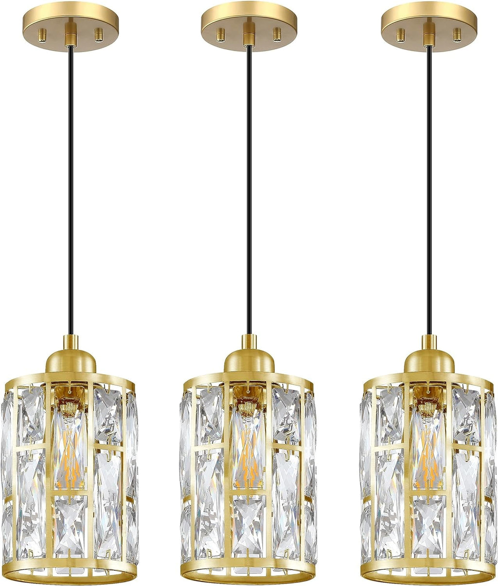 3 Pack 1 Light 5.4" Crystal Shade Hanging Kitchen Island Pendant Light Gold Finish,Modern Pendant Fixture with Crystal Metal Shade for Bar,Dining Room,Living Room Over Sink