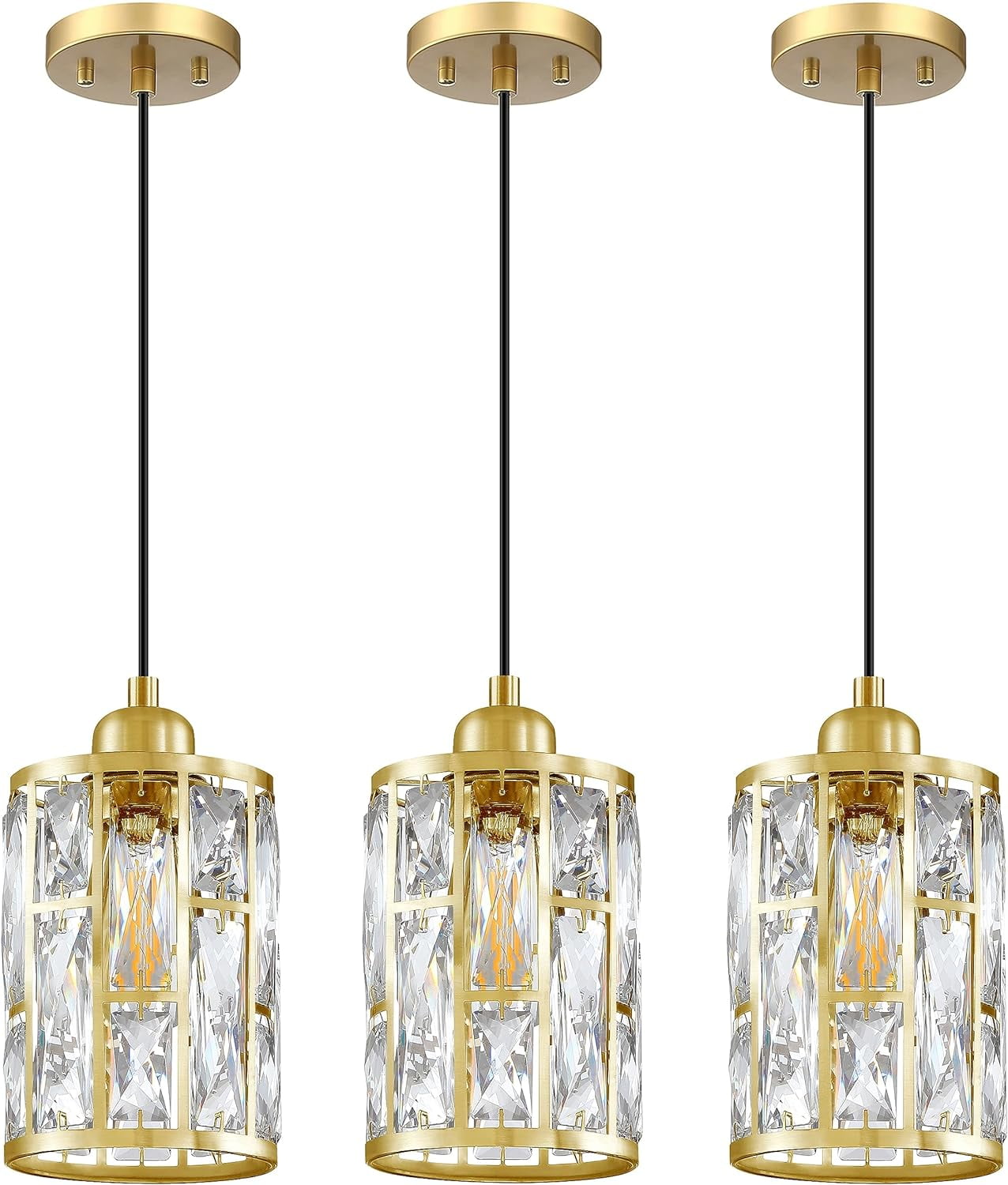 3 Pack 1 Light 5.4" Crystal Shade Hanging Kitchen Island Pendant Light Gold Finish,Modern Pendant Fixture with Crystal Metal Shade for Bar,Dining Room,Living Room Over Sink