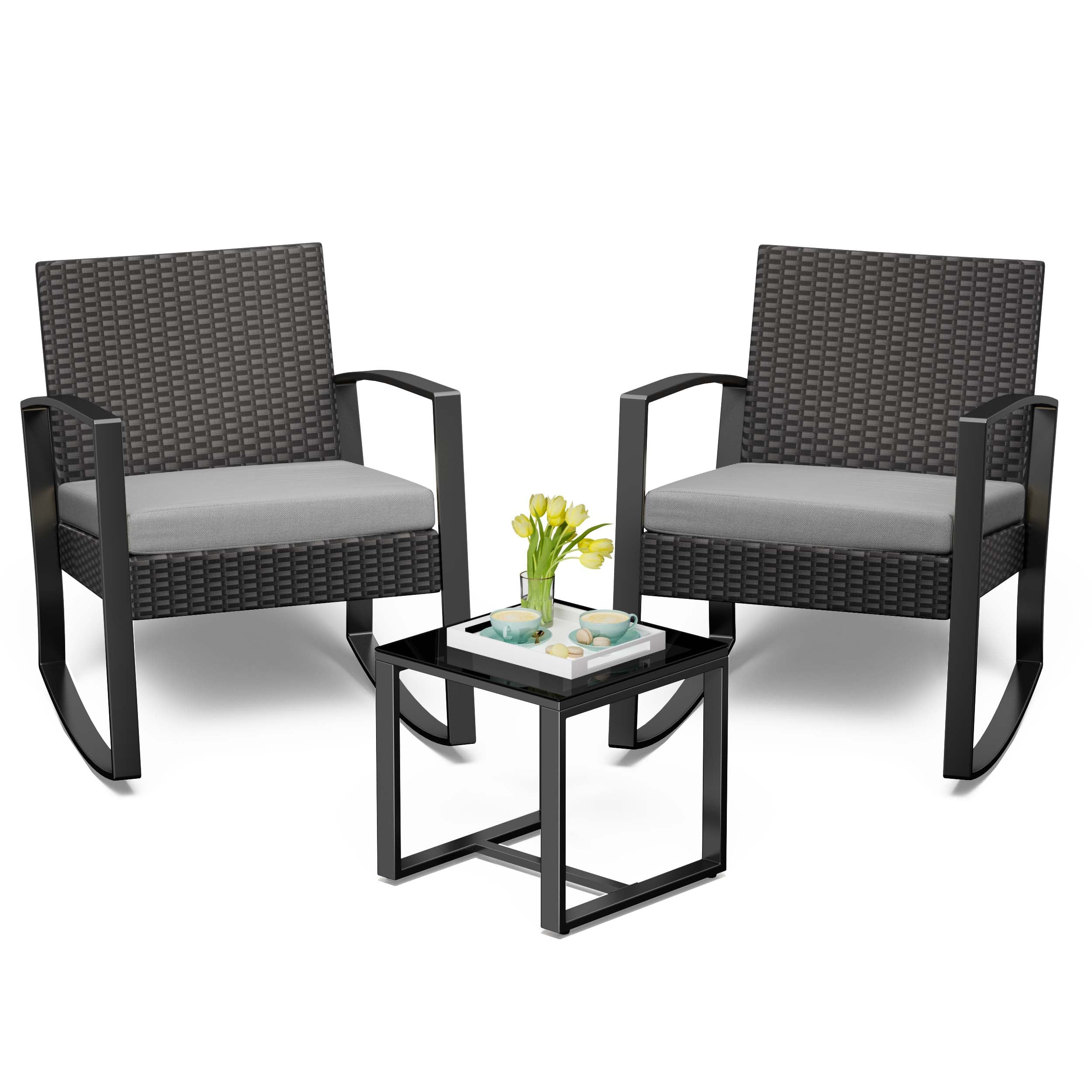 3 Piece Patio Bistro Set, Outdoor Furniture Rocking Chair Set with Glass Table, Beige Cushion