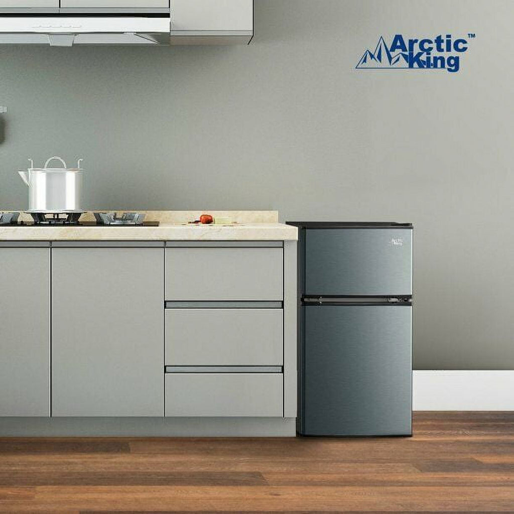 Arctic King 3.2 Cu Ft Two Door Compact Refrigerator Freezer Stainless Steel, NEW