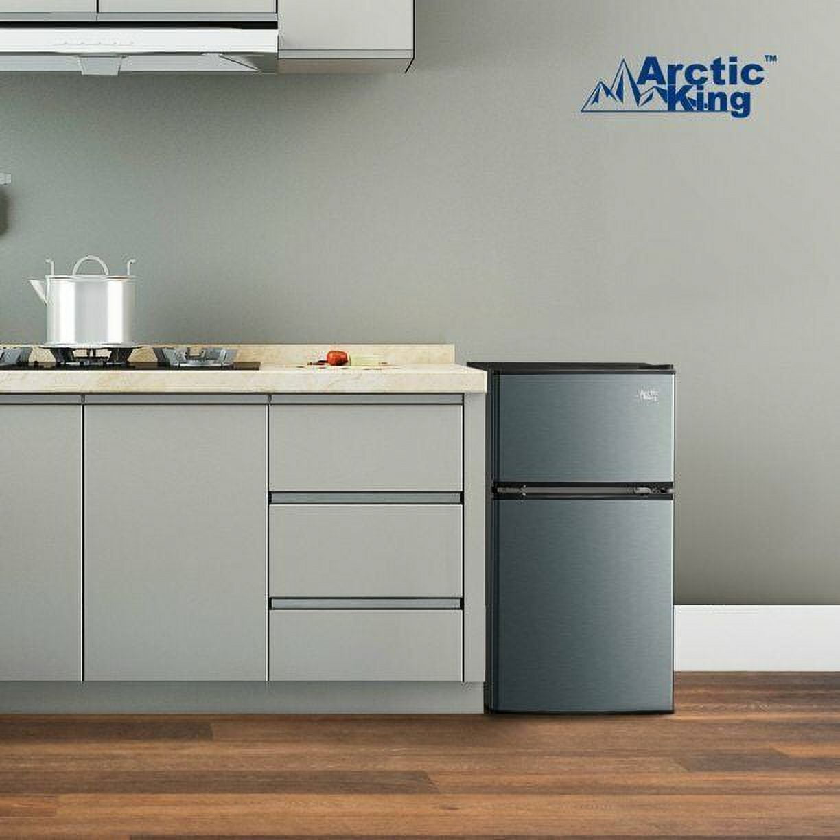 Arctic King 3.2 Cu Ft Two Door Compact Refrigerator Freezer Stainless Steel, NEW