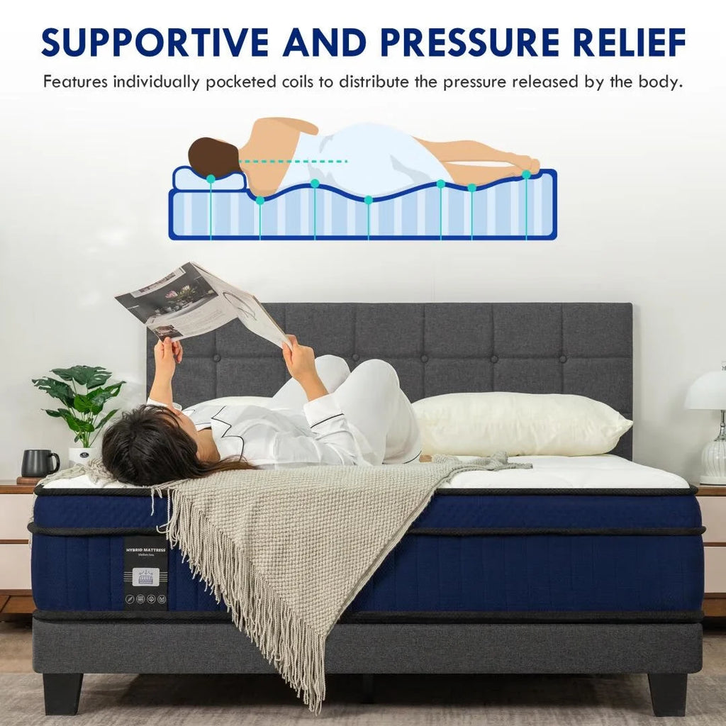 12'' Queen Hybrid Mattress, QUEEN ROSE Hybrid Firm Mattress in a Box with Gel Memory Foam, Individually Wrapped Pocket Coils Innerspring, Pressure-Relieving and Supportive, Mattress Queen Size