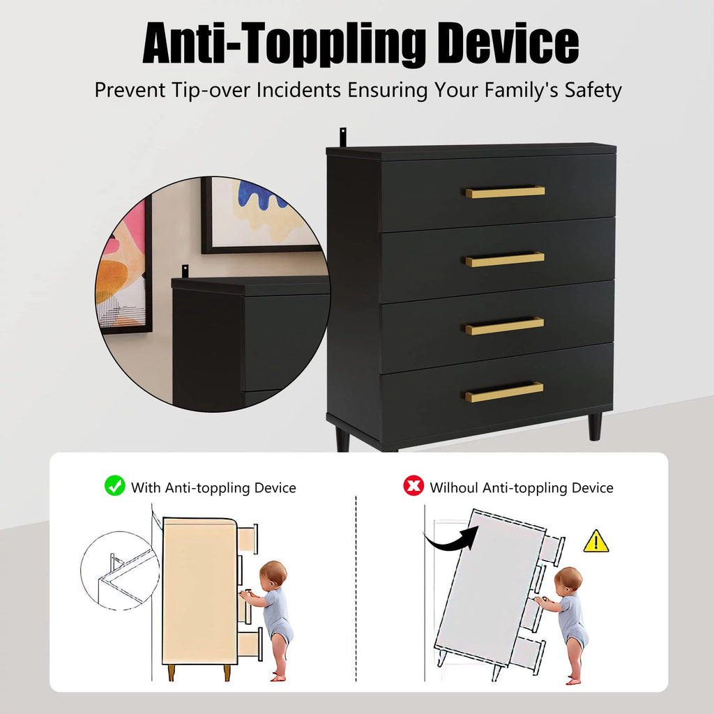 AWQM Drawer Dresser, Modern Dresser Chest with 4 Drawers and Metal Handles, for Bedroom, Office, Living Room, Black