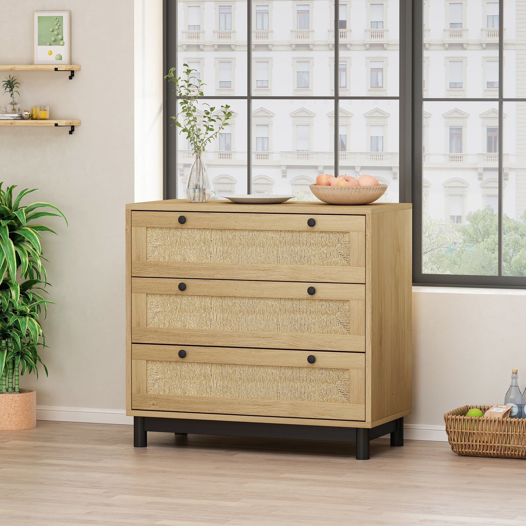 3-Drawers Dresser with Rope Woven Drawer Panel Design