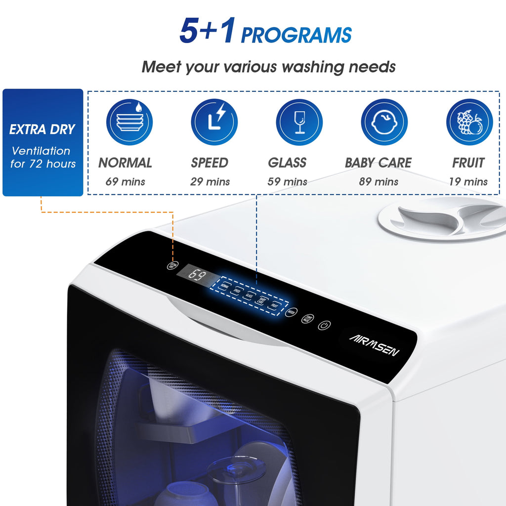 AIRMSEN Portable Countertop Dishwasher with 5-Liter Built-in Water Tank and Air-Dry Function, 5 Washing Programs, AE-TDQR03