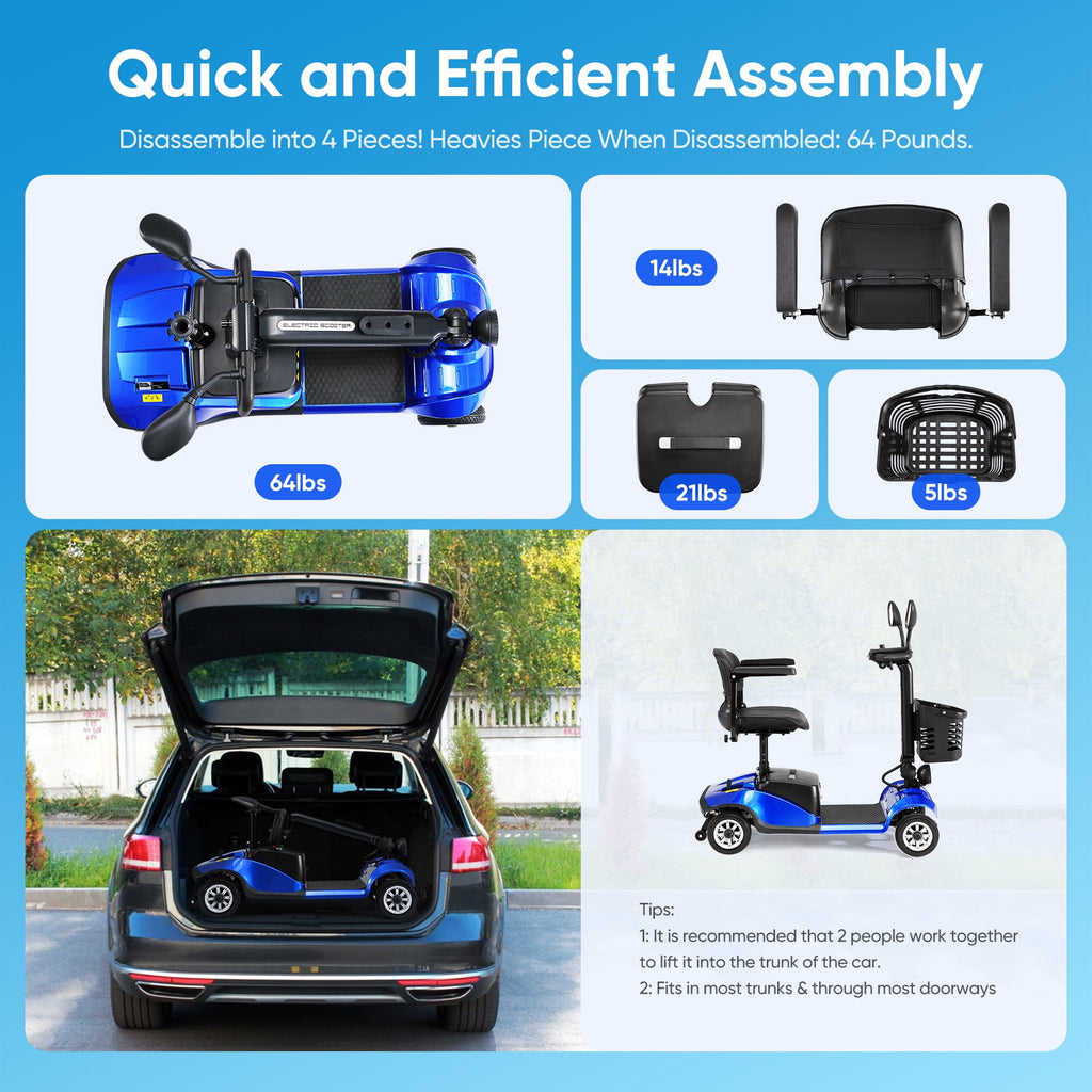 4 Wheels Mobility Scooter Electric Mobility Scooter Wheelchair w/Basket and Extended Battery for Seniors Adults Blue