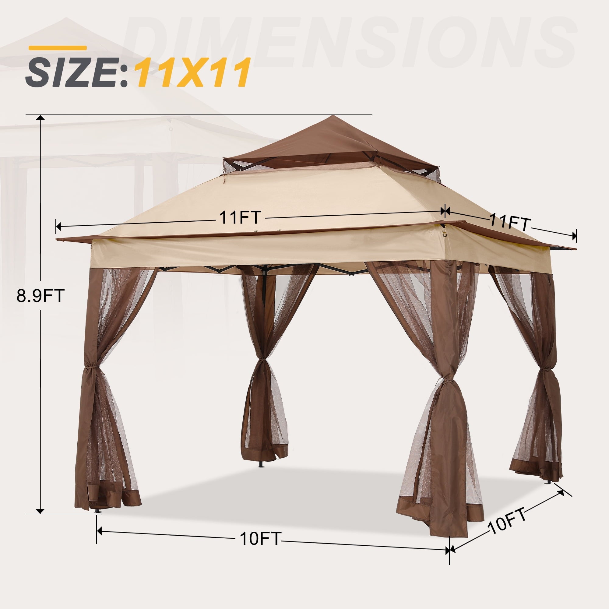 ABCCANOPY 13'x13' Gazebo Tent Outdoor Pop up Gazebo Canopy Shelter with Mosquito Netting, Brown