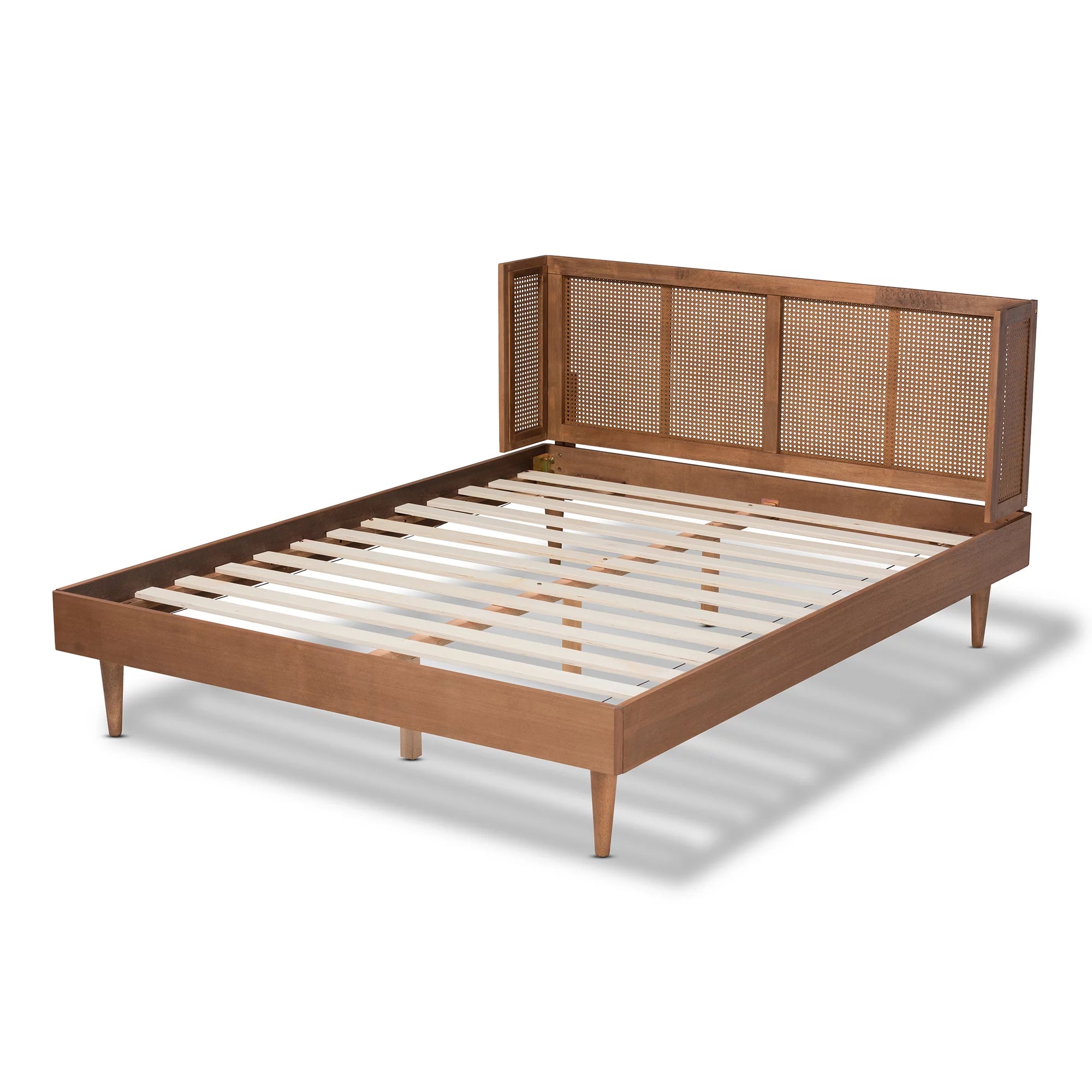 Baxton Studio Rina MidCentury Modern Ash Wanut Finished Wood and Synthetic Rattan Full Size Platform Bed with WrapAround Headboard