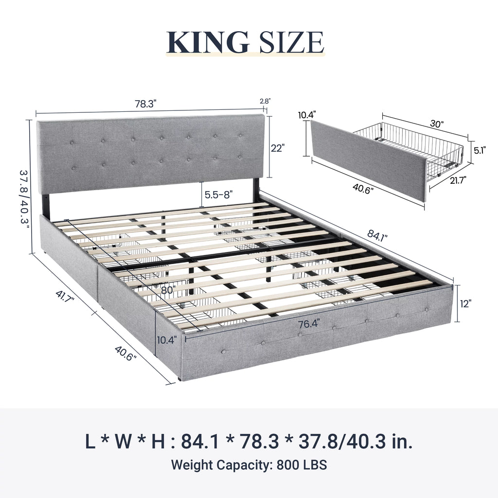 Allewie Upholstered King Platform Bed Frame with 4 Drawers Storage and Headboard, Square Stitched Button Tufted, Light Grey