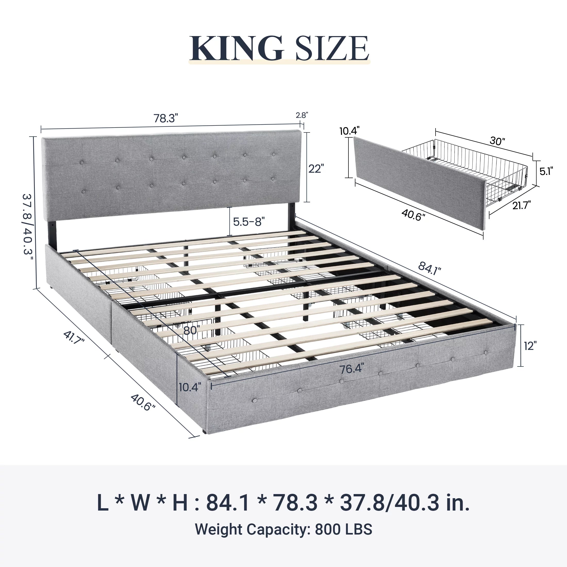 Allewie Upholstered King Platform Bed Frame with 4 Drawers Storage and Headboard, Square Stitched Button Tufted, Light Grey