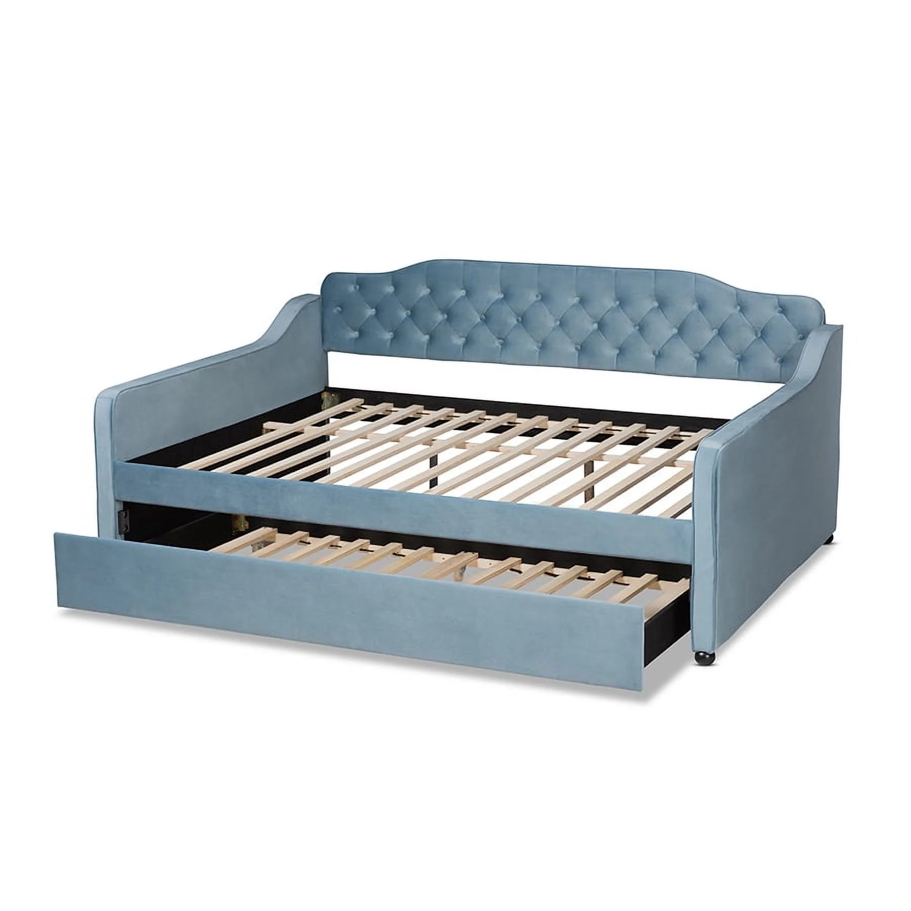 Baxton Studio Freda-Light Blue Velvet-Daybed-F-T Transitional & Contemporary Fabric Upholstered & Button Tufted Daybed With Trundle, Light Blue Velvet - Full Size