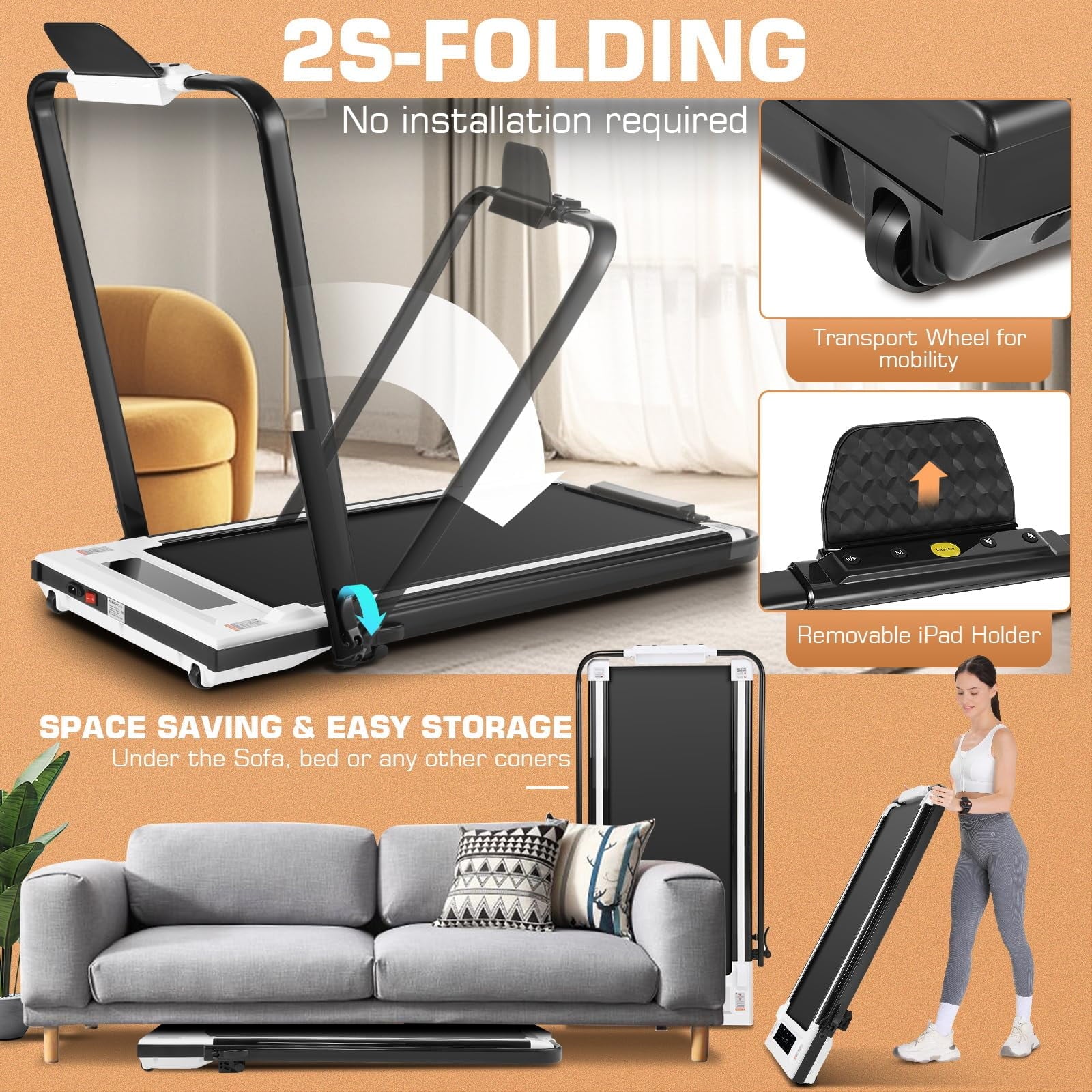 ANCHEER Treadmills, 2 in 1 Folding Treadmill, Walking Pad Treadmill Under Desk for Home Use, Portable Treadmill with Remote Control, Installation-Free