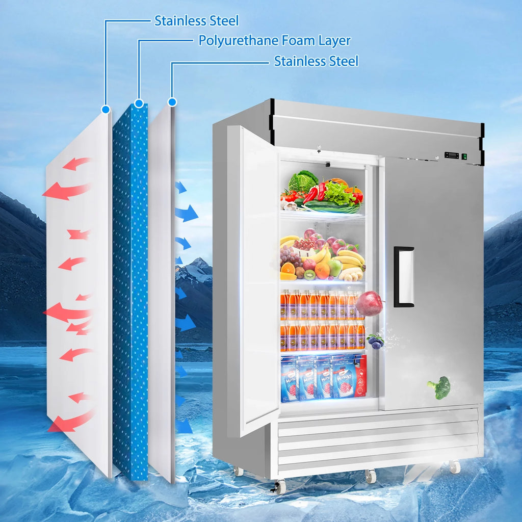 54"W Commercial Refrigerator, 2 Section Reach-in Solid Door, 49 Cu.ft Stainless Steel Upright Commercial Refrigerator, for Restaurant Shop Bar Residentials