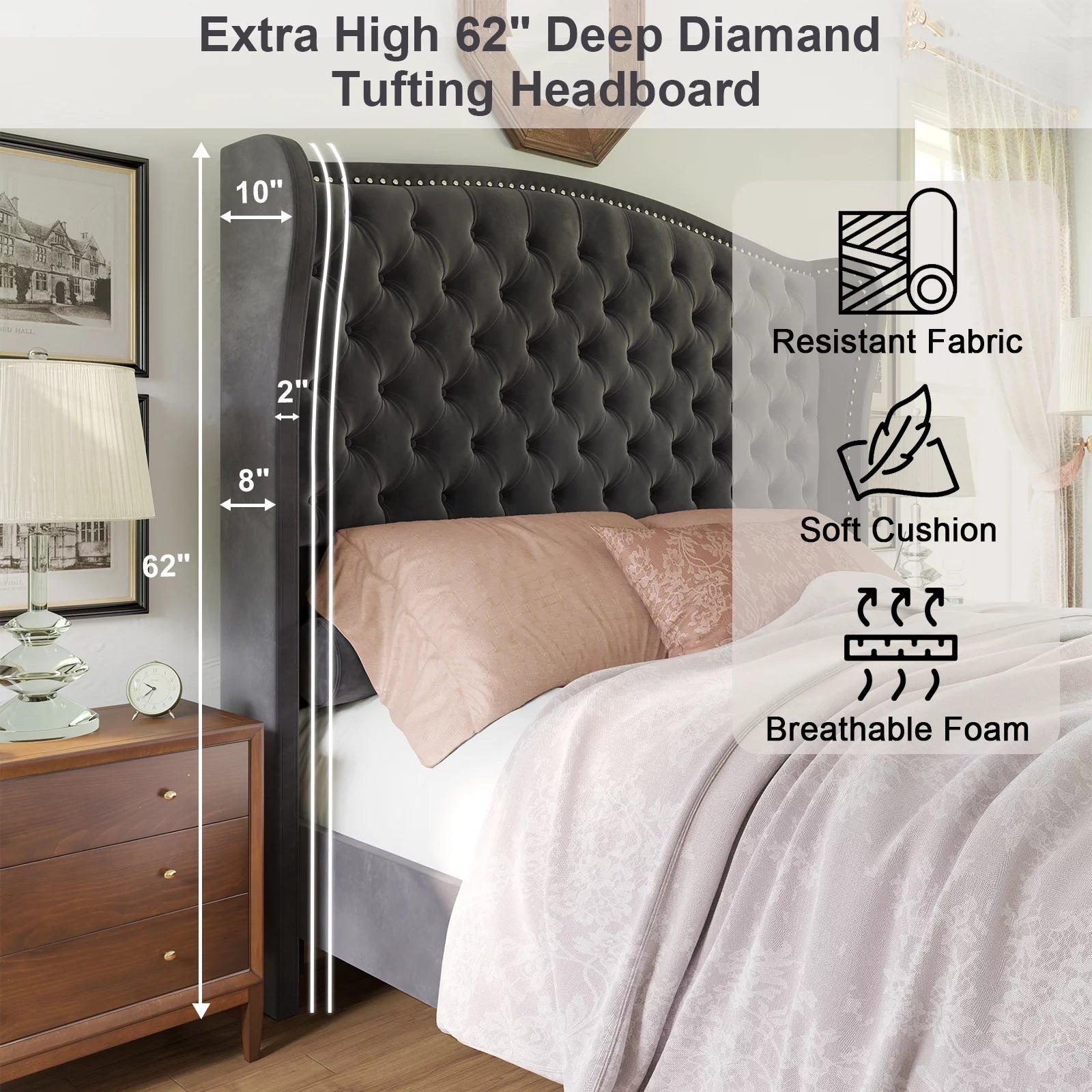 Amerlife 62" High Queen Size Platform Bed Frame, Grey