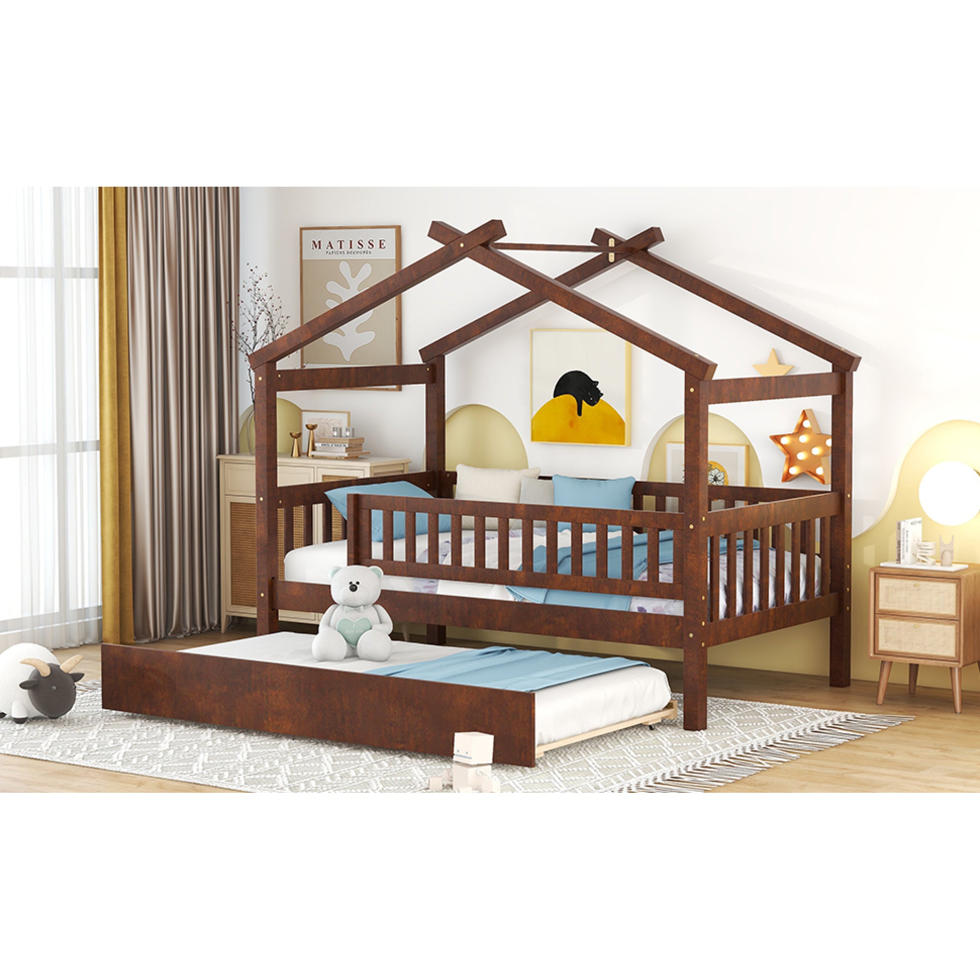 "Twin-Size Wooden House-Shaped Bed with Matching Twin-Size Trundle in Elegant Walnut Finish"