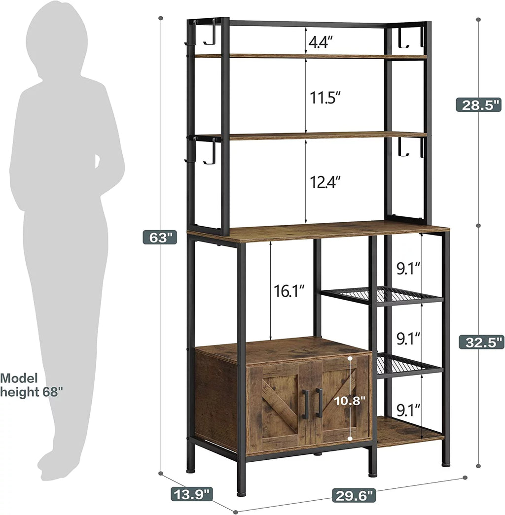 6-Tier Kitchen Bakers Rack with Hutch, Industrial Microwave Oven Stand with Shelves, Utility Storage Shelf with Cabinet & 8 Hooks, Hutch, Rustic Brown