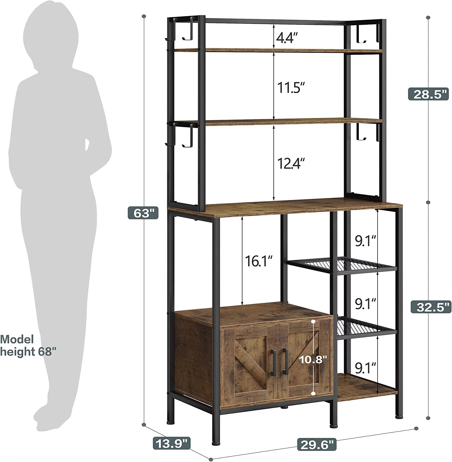 6-Tier Kitchen Bakers Rack with Hutch, Industrial Microwave Oven Stand with Shelves, Utility Storage Shelf with Cabinet & 8 Hooks, Hutch, Rustic Brown