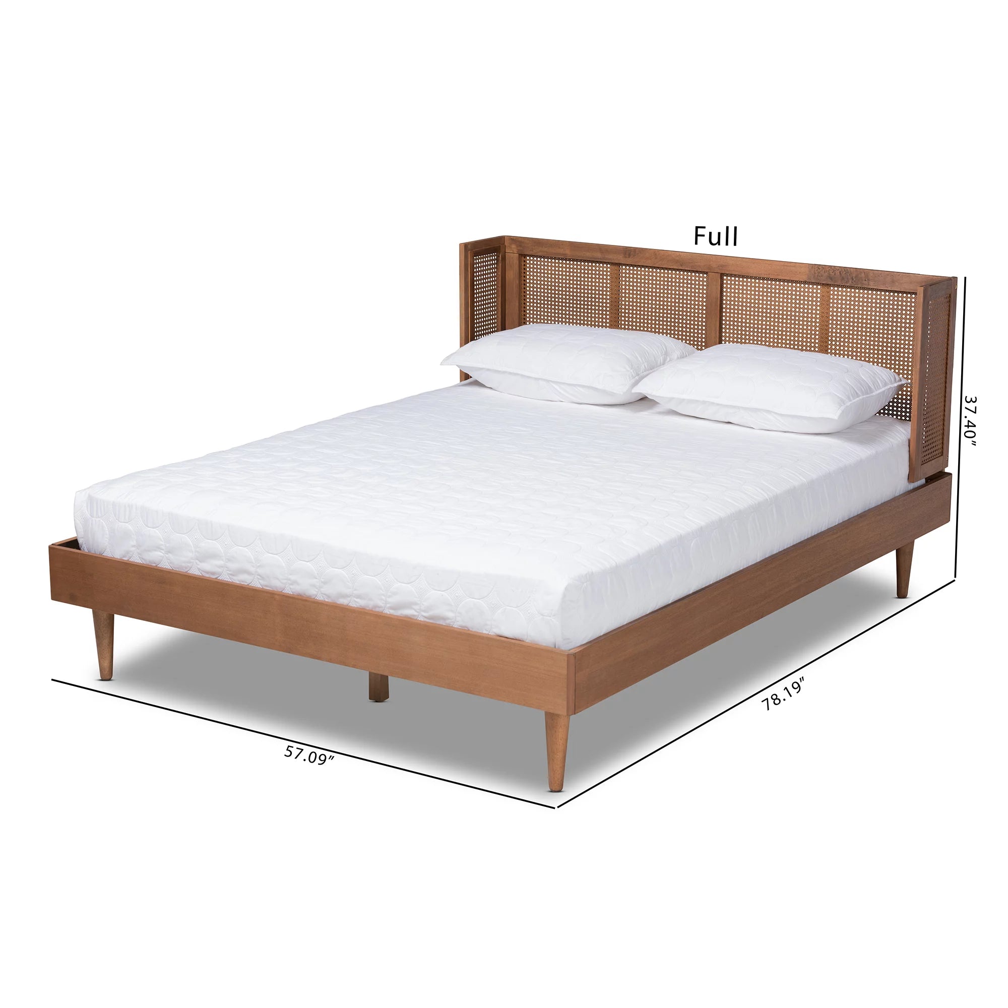 Baxton Studio Rina MidCentury Modern Ash Wanut Finished Wood and Synthetic Rattan Full Size Platform Bed with WrapAround Headboard