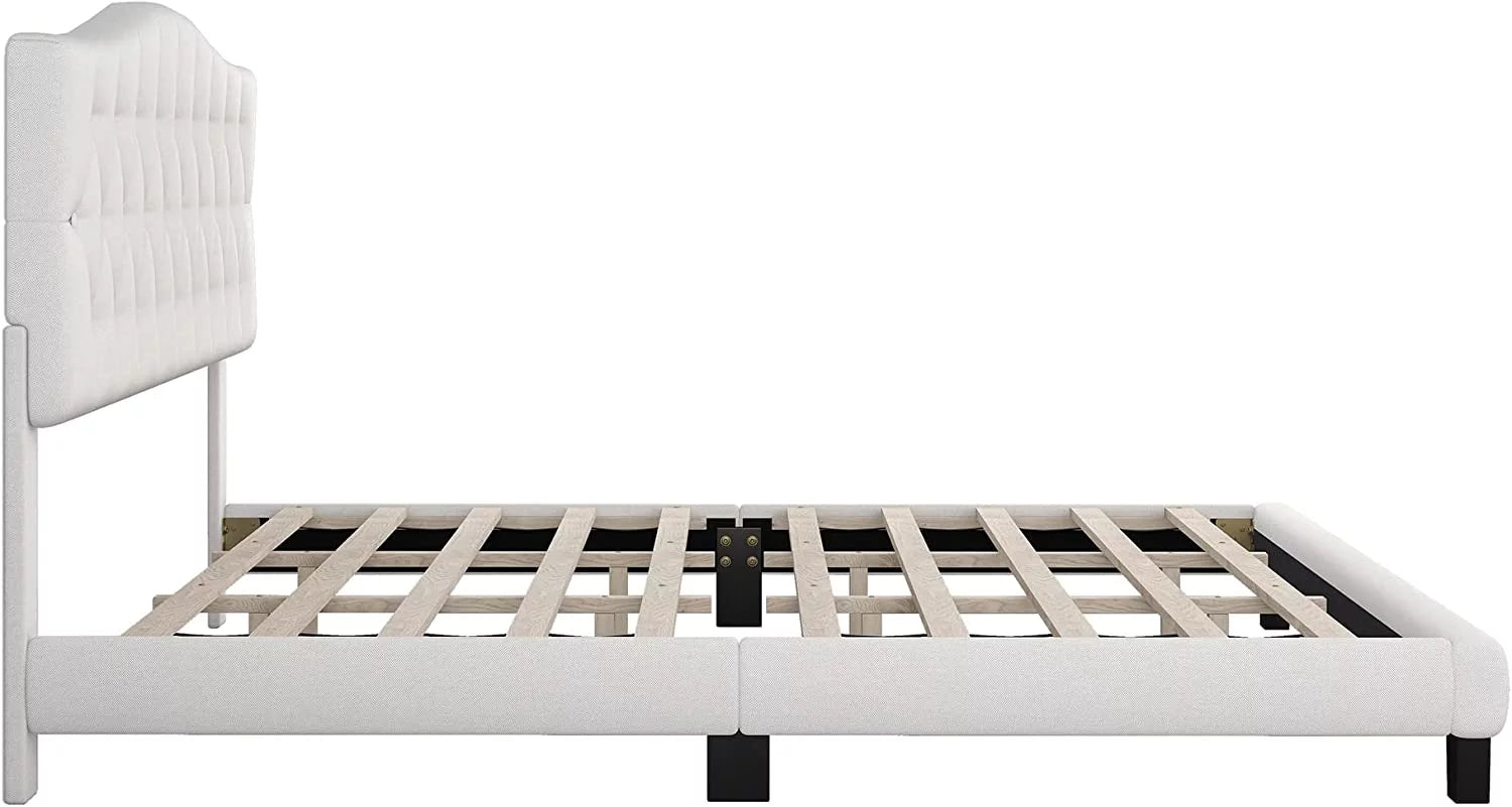 AngLink Linen Curved Upholstered Full Size Platform Bed with Diamond Tufted/Wood Bed Frame/Wood Slats, No Box Spring Needed -Beige, Full