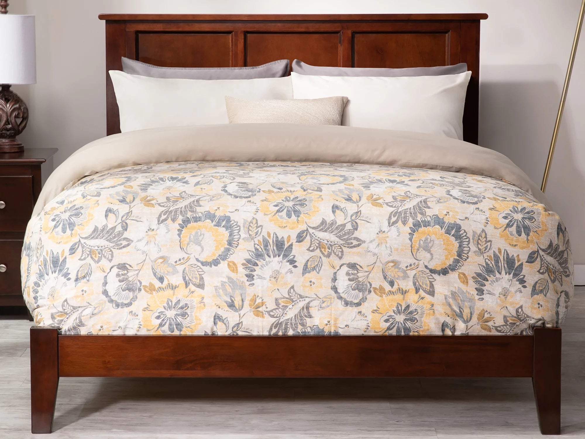 AFI Madison Full Low Profile Wood Platform Bed Frame with Panel Headboard, Walnut