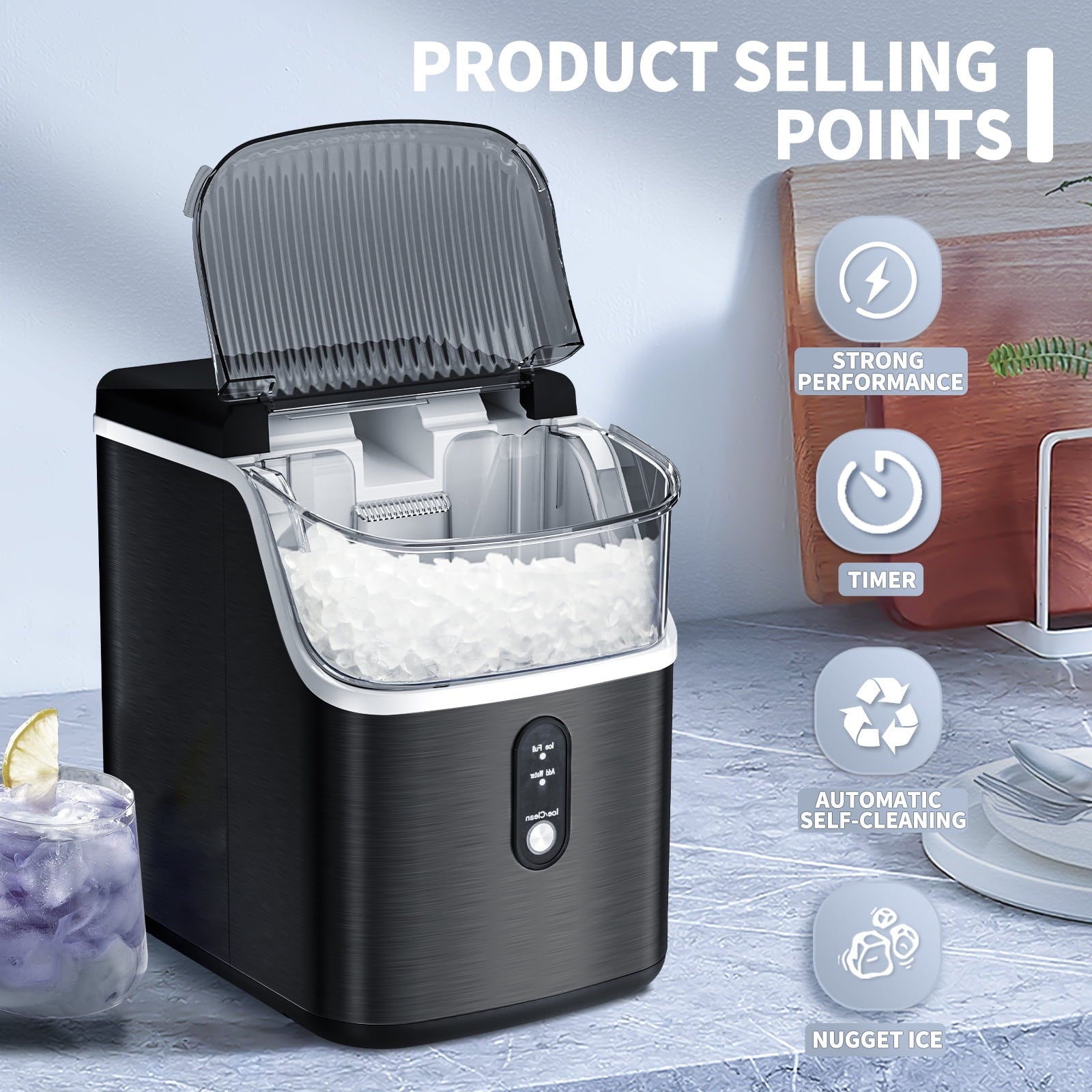 Auseo Nugget Ice Maker Countertop, Portable Ice Maker Machine with Self-Cleaning Function, 33lbs/24H, Easy Operation, Pellet Ice Maker for Home/Kitchen/Office/Party-Stainless Silver