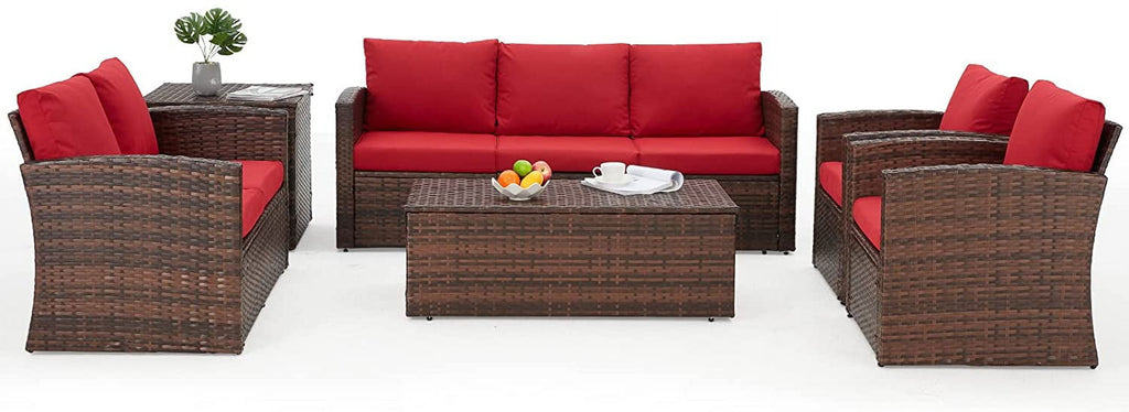 AECOJOY 6 Pieces Outdoor Furniture Set , Patio Rattan Wicker Sectional Sofa Conversation Set, Beige