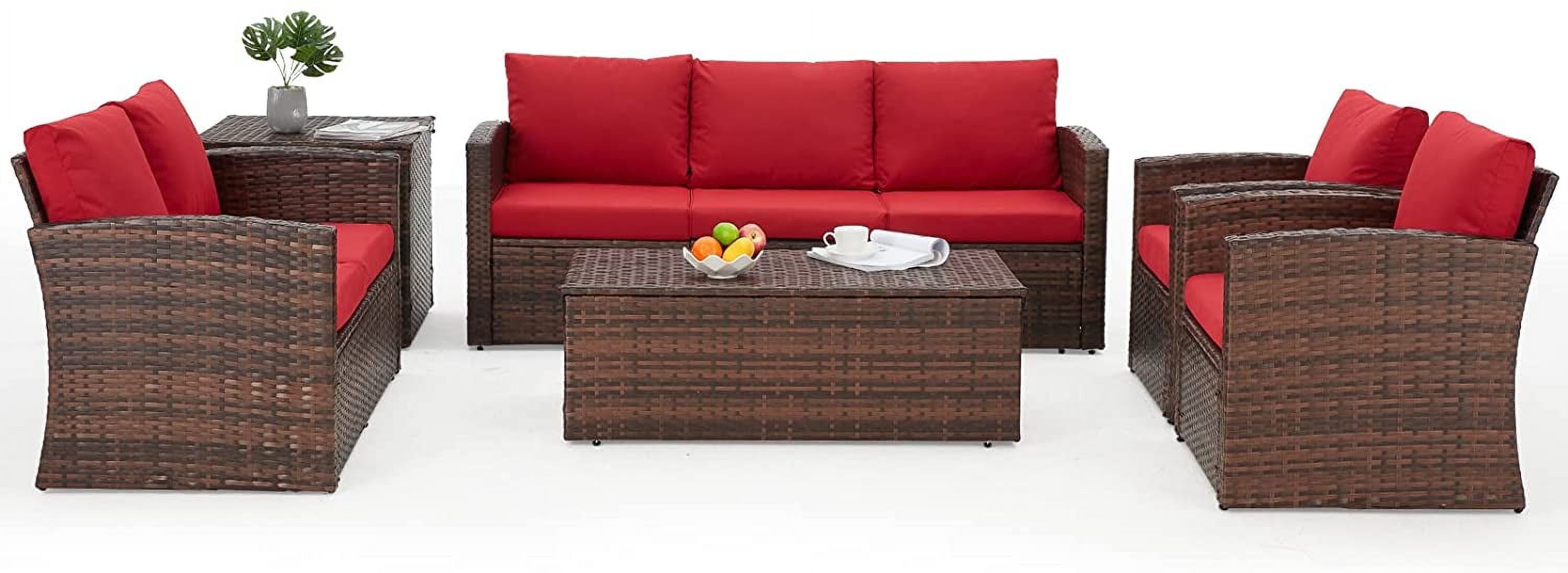 AECOJOY 6 Pieces Outdoor Furniture Set , Patio Rattan Wicker Sectional Sofa Conversation Set, Beige