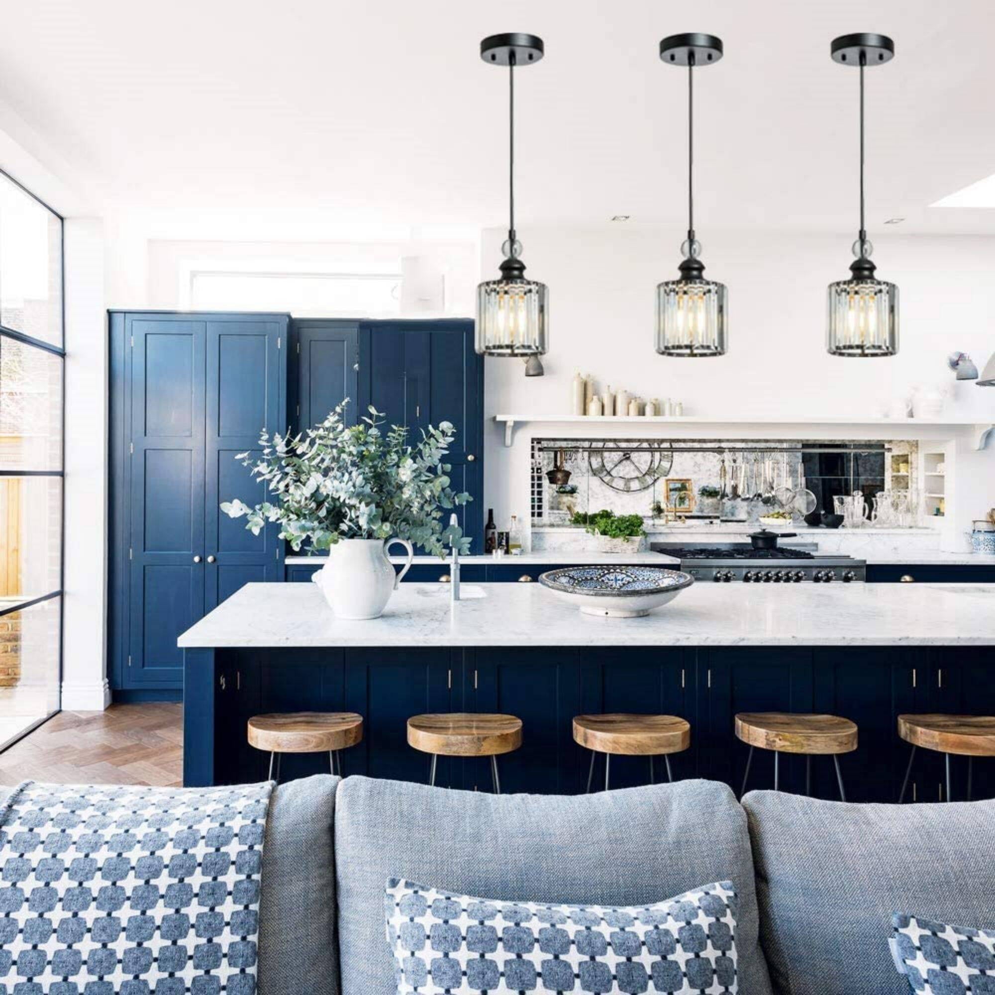 3 Pack Matte Black Crystal Pendant Lights for Kitchen Island