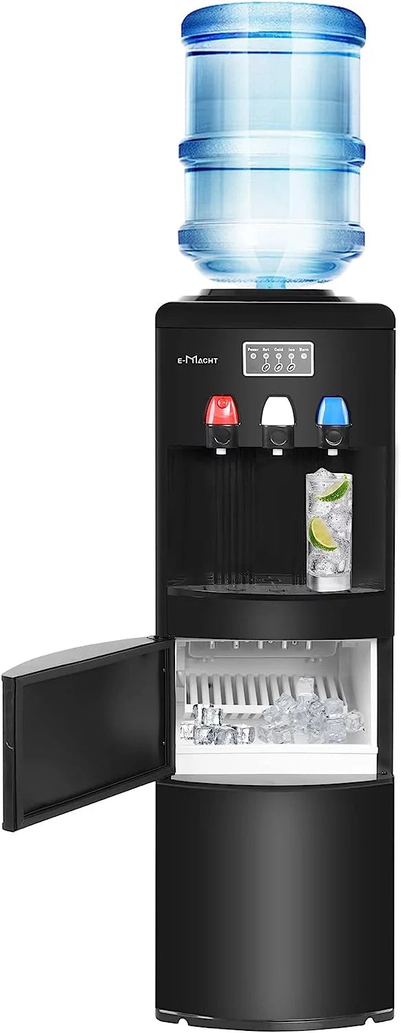 2-in-1 Water Cooler Dispenser with Built-in Ice Maker Machine, Water Dispense for 3-5 Gallon Water Bottles, ETL Approved Stainless Steel Water Dispense with Hot & Cold Water, Child Safety Lock, Black
