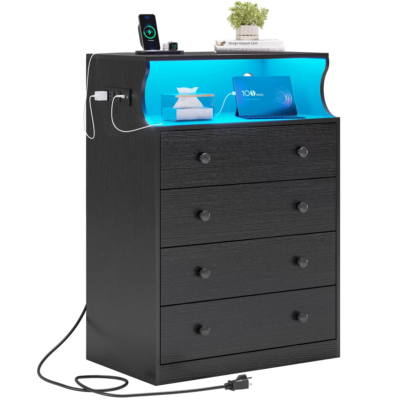 4 Drawer Dresser with LED Lights and Charging Station, Wide Chest of Drawers for Bedroom, Black
