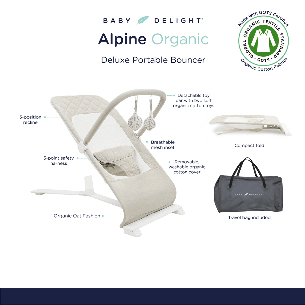 Baby Delight Alpine Deluxe Portable Baby Bouncer, for Infants 0-6 Months, Organic Oat