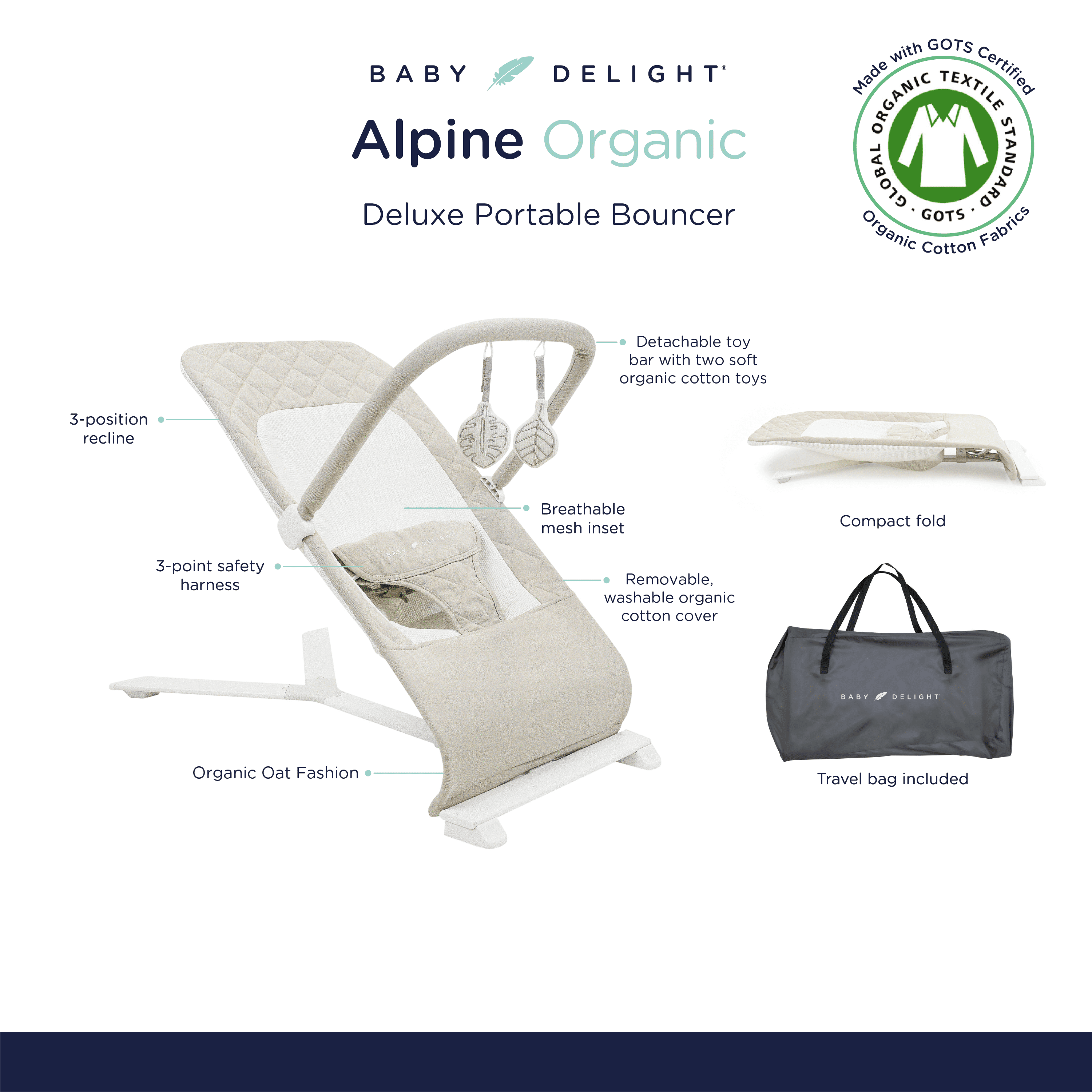 Baby Delight Alpine Deluxe Portable Baby Bouncer, for Infants 0-6 Months, Organic Oat