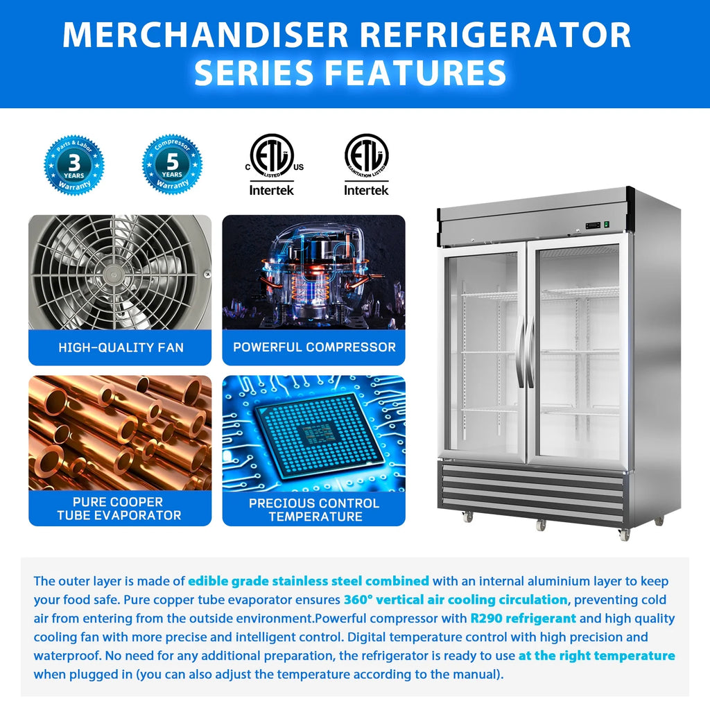 54"W 49 Cu.ft Commercial Refrigerator, NSF Stainless Steel Upright Reach-in, Solid Locked Door Dynamic Cooling with Lighting Temperature 33°F-41°F for Restaurant Bar Shop Residential