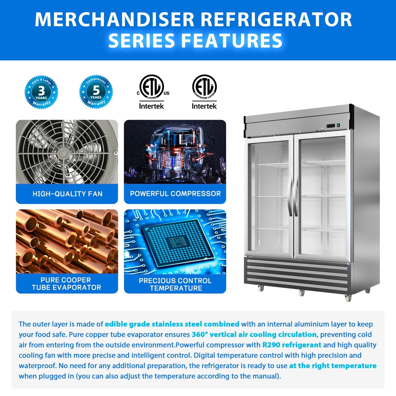 54"W 49 Cu.ft Commercial Refrigerator, NSF Stainless Steel Upright Reach-in, Solid Locked Door Dynamic Cooling with Lighting Temperature 33°F-41°F for Restaurant Bar Shop Residential