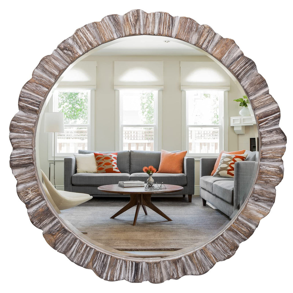 35" Wood Round Mirror, Rustic Wall Mirror with Thick Frame, Large Round Mirror for Wall Decor, Wooden Circle Beveled Mirror for Entryway, Farmhouse, Washed White