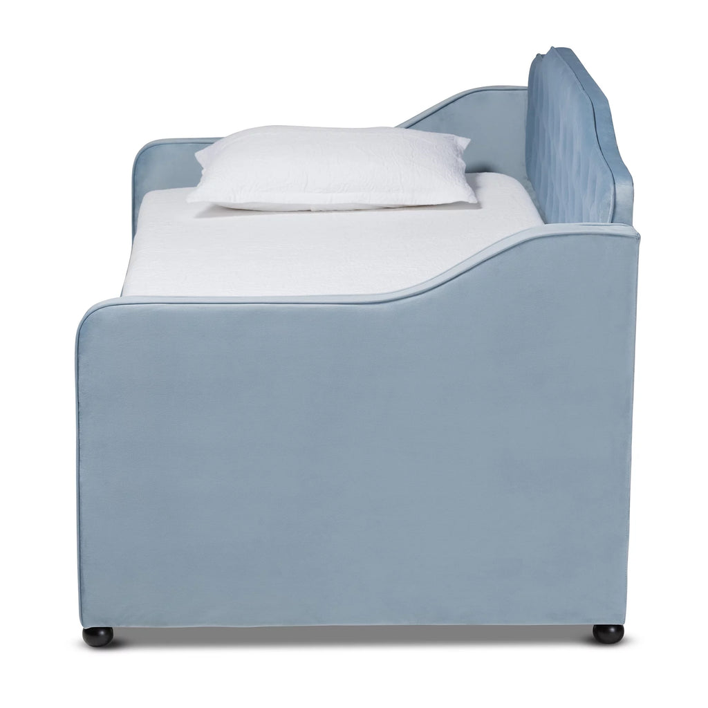 Baxton Studio Freda Transitional and Contemporary Light Blue Velvet Upholstered and Button Tufted Twin Size Daybed with Trundle