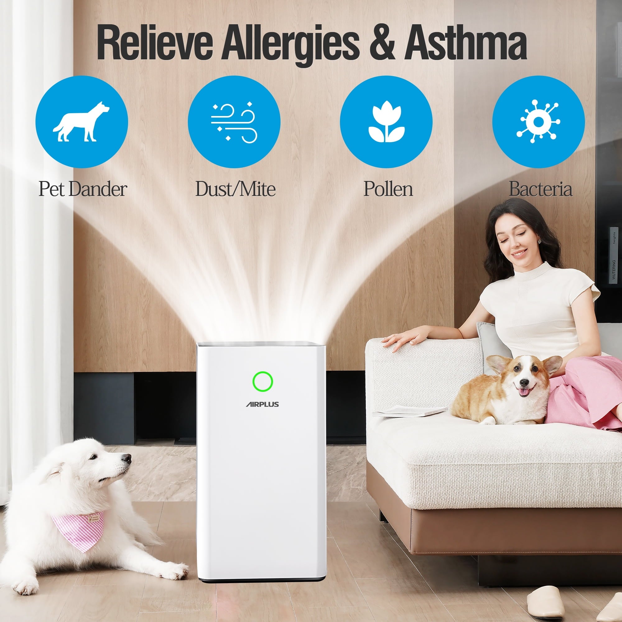 AIRPLUS Air Purifiers for Home Large Room 2500 Sq ft, H13 True HEPA Air Purifier for Bedroom, Auto Mode, Child Lock, White