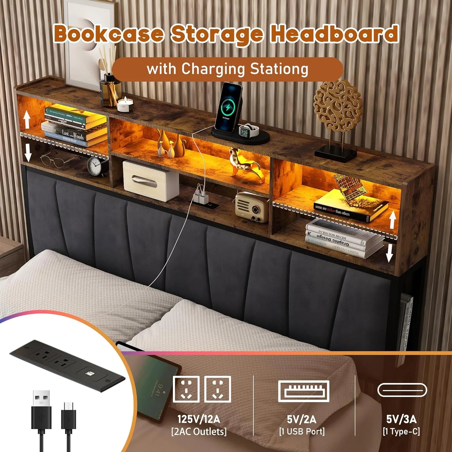 ANPOO LED Bed Frame Queen Size with Bookcase Headboard and 4 Drawers & Outlet Station, Industrial Metal Platform Bed Frame, No Box Spring Needed, Noise-Free, Vintage Brown-Queen