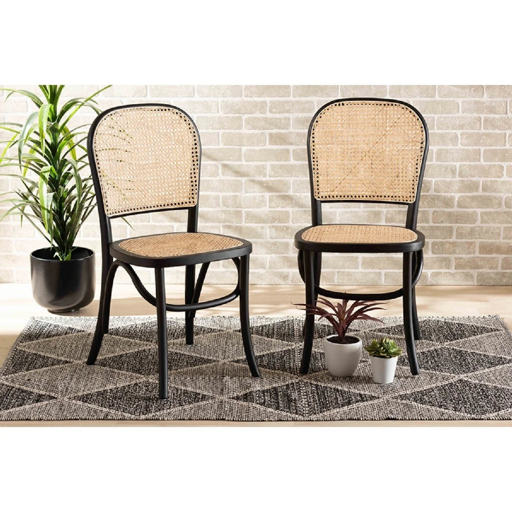 Baxton Studio Cambree Mid-Century Modern Brown Woven Rattan and Black Wood 2-Piece Cane Dining Chair Set