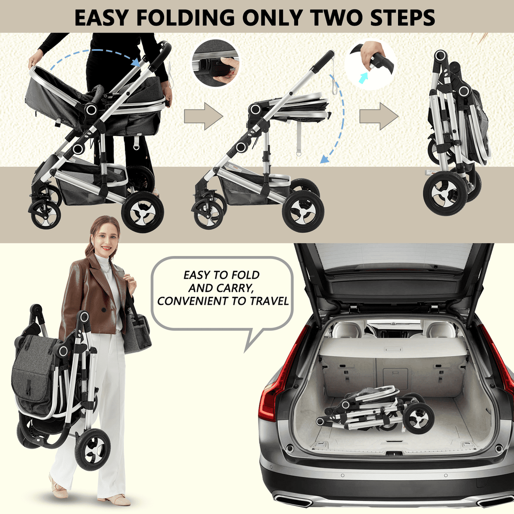 AILEEKISS 2 in 1 Convertible Baby Stroller, Unisex Folding Infant Newborn Bassinet Pram, Dark Grey