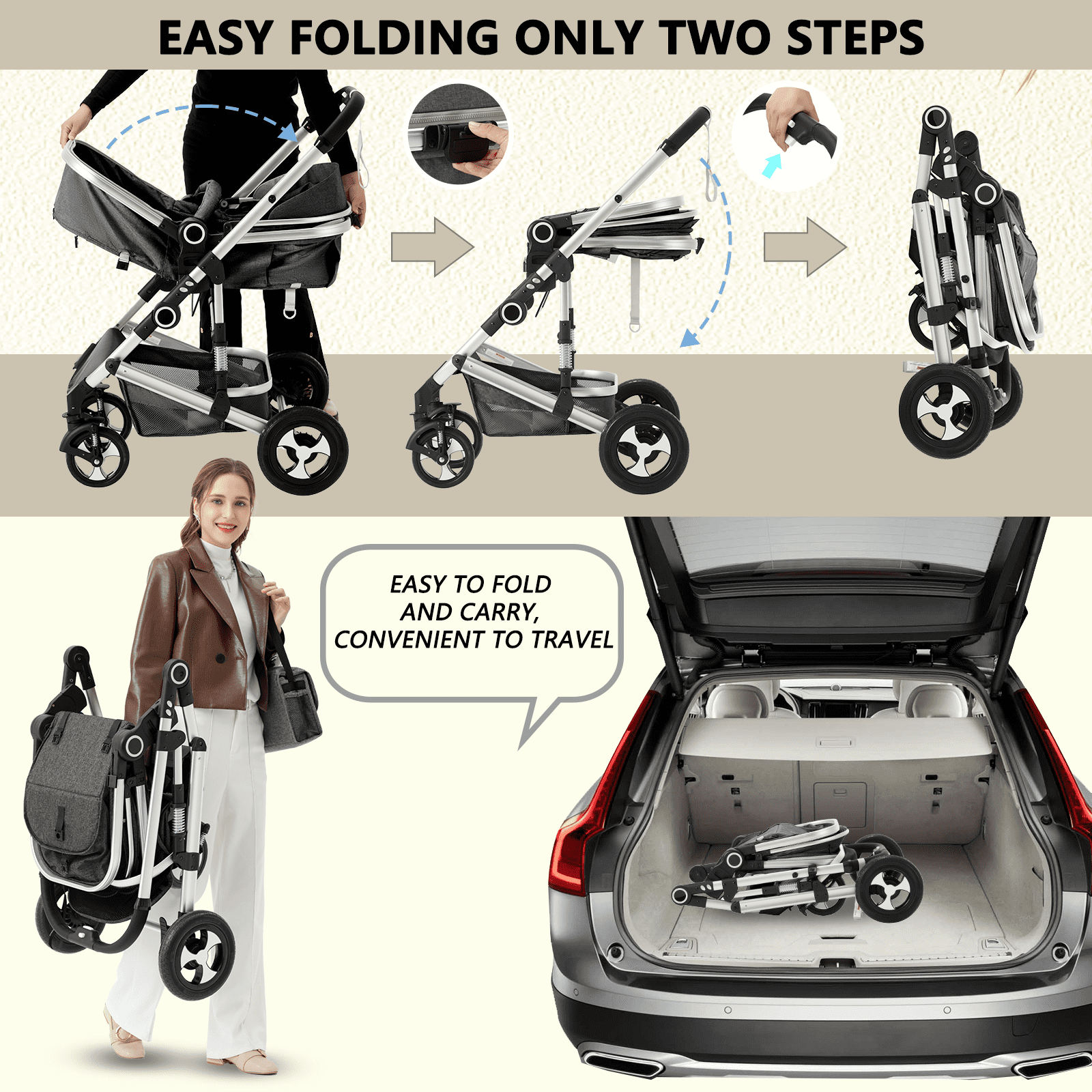 AILEEKISS 2 in 1 Convertible Baby Stroller, Unisex Folding Infant Newborn Bassinet Pram, Dark Grey