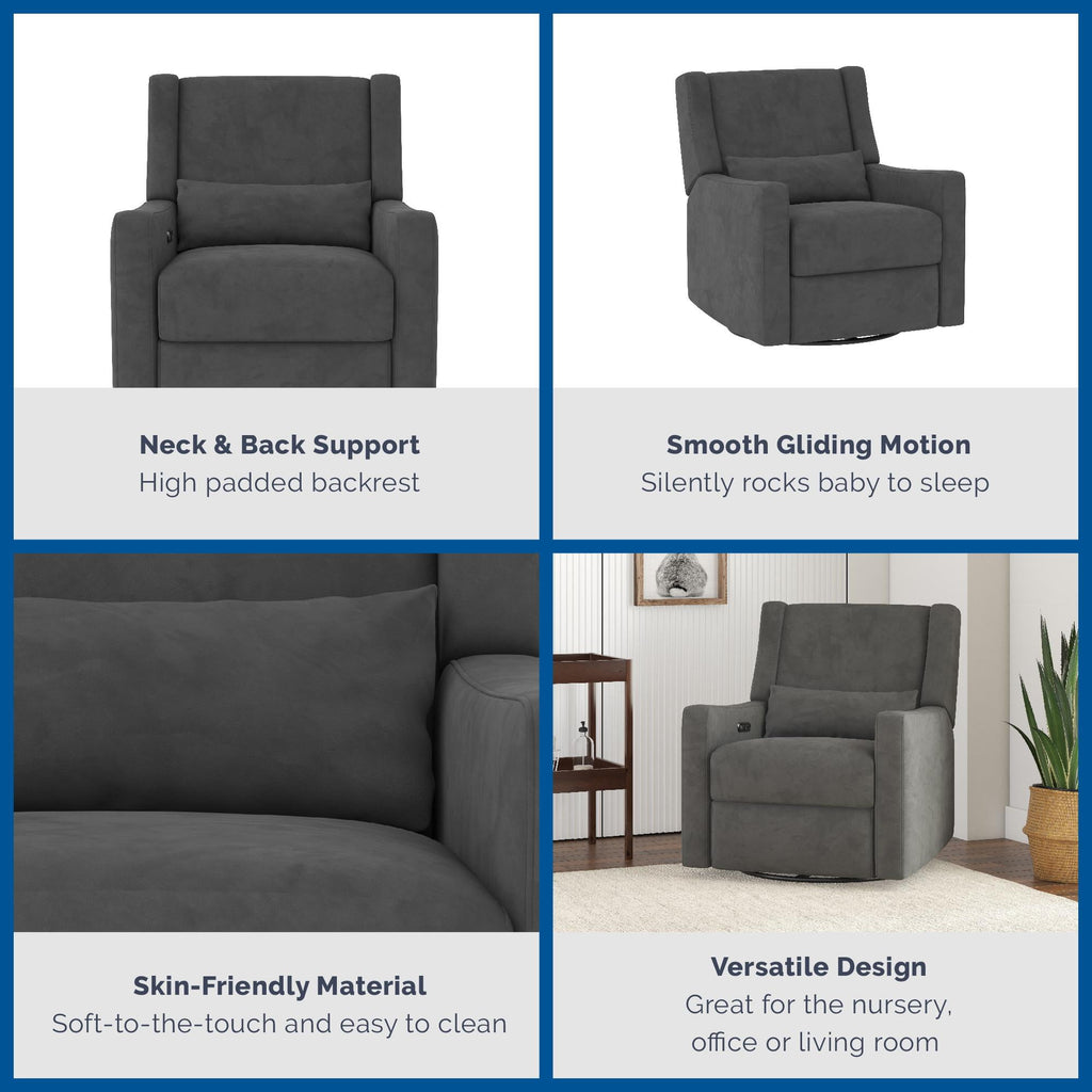 Baby Relax Otto 4-in-1 Nursery Swivel Glider Rocker Power Recliner with USB Ports, Gray Velvet