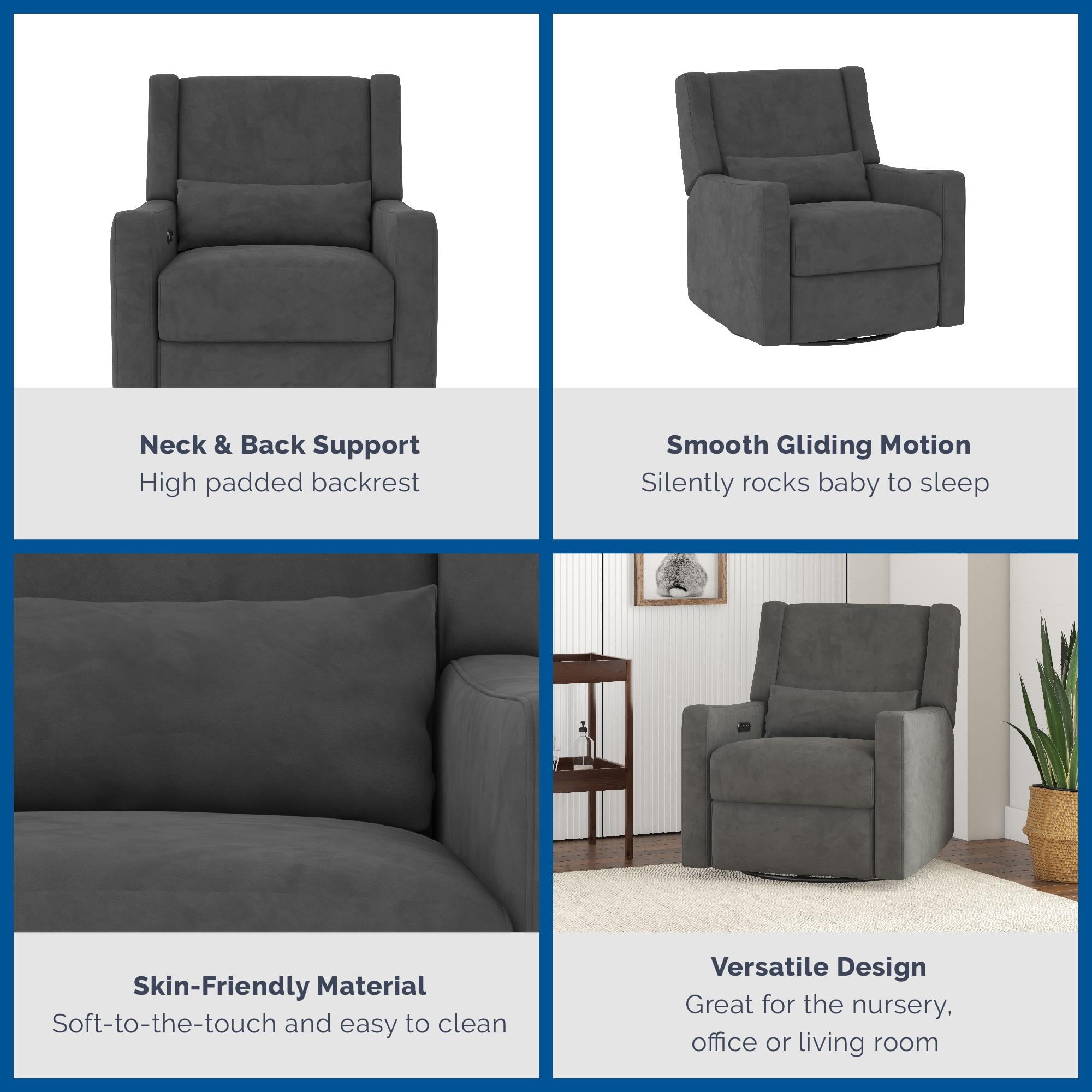 Baby Relax Otto 4-in-1 Nursery Swivel Glider Rocker Power Recliner with USB Ports, Gray Velvet