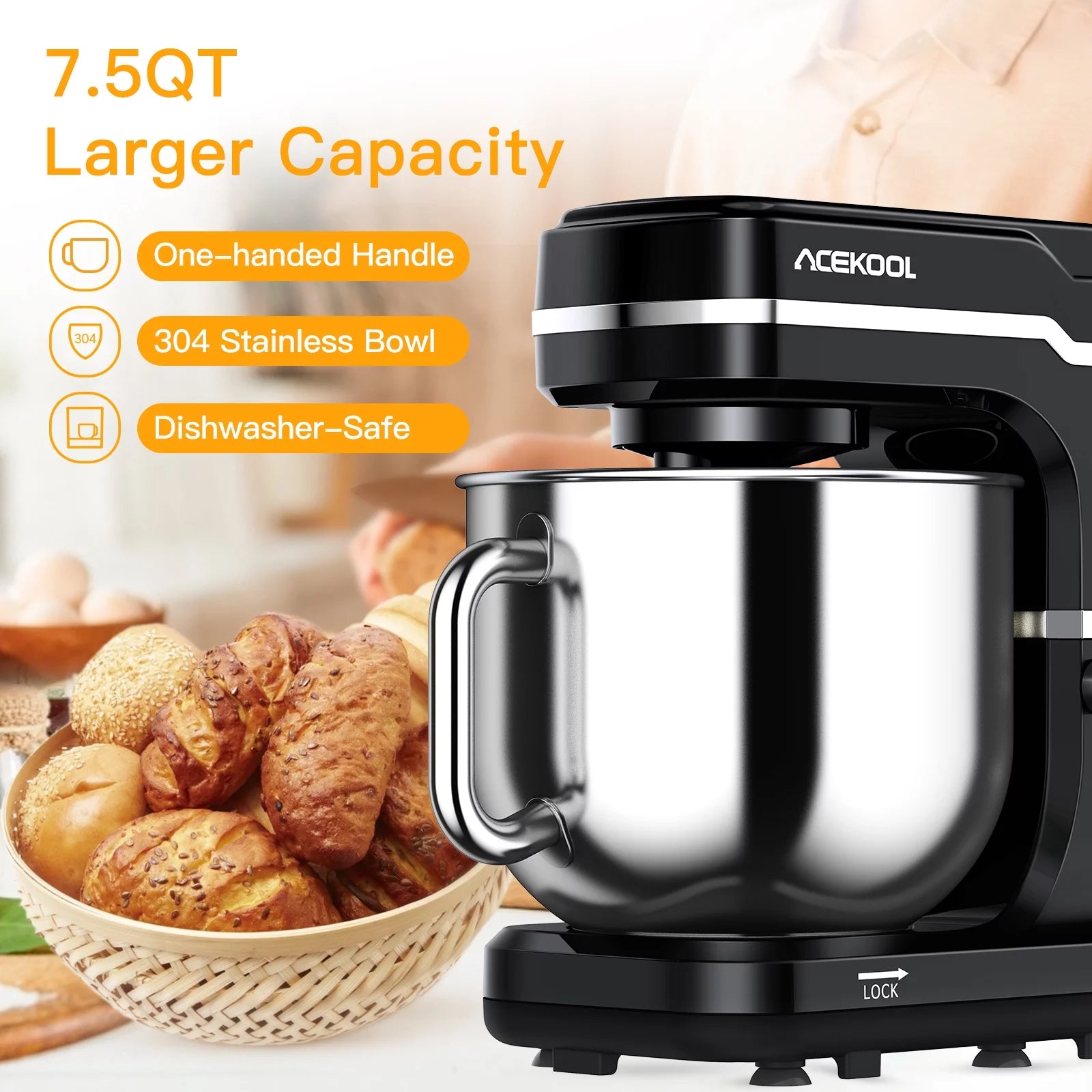 Acekool Stand Mixer, 7.5Qt 10 Speed 660W Tilt Head Electric Food Mixer